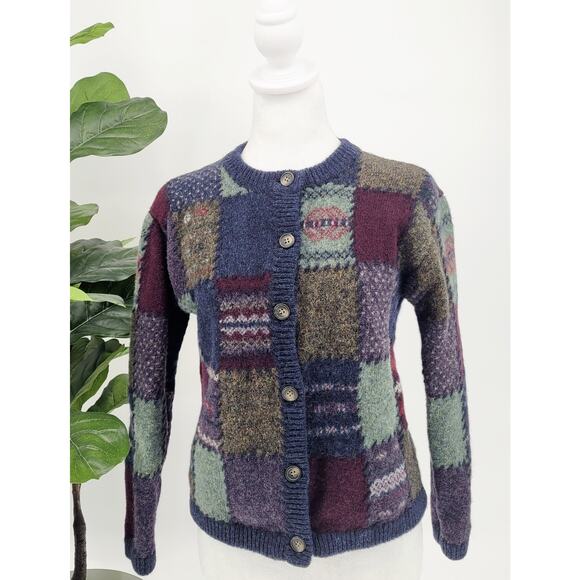 VTG Eddie Bauer Legend Womens Deer Bay Patchwork Wool Cardigan Sweater Size M - Picture 1 of 9